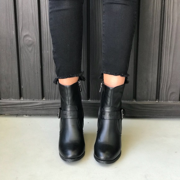 Black Snake Embossed Belted Chunky Heel Ankle Boot - Picture 3 of 6